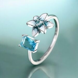 Teal Lotus Ring Solid Sterling Silver Boho Style  Adjustable Floral Open Ring